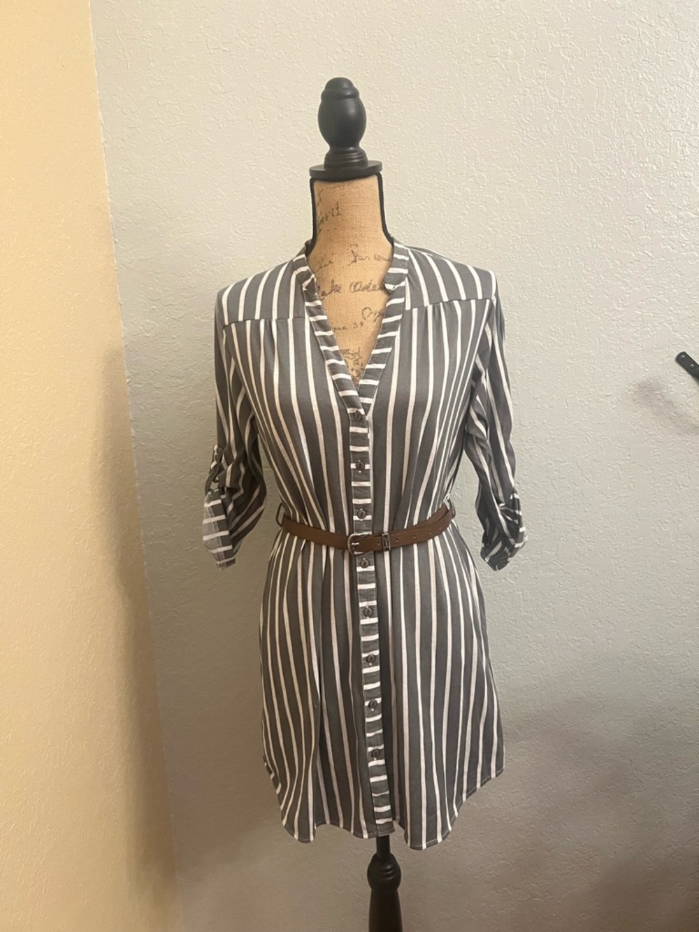 Passport Gray and White Striped Belted Shirt Dress
